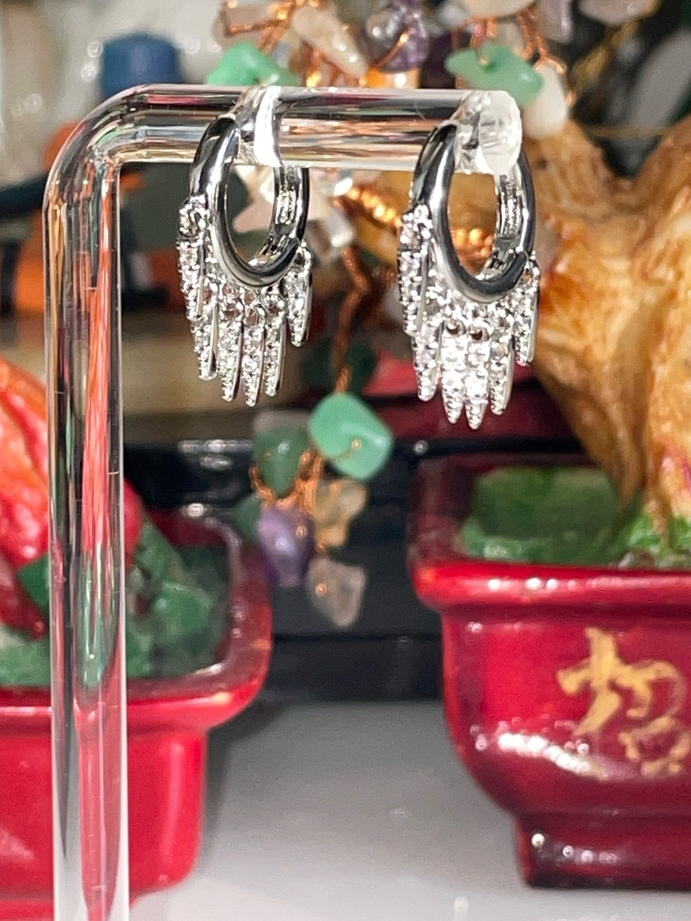 Silver 925 Stamped Crystal Fringe Hoop Earrings - NEW